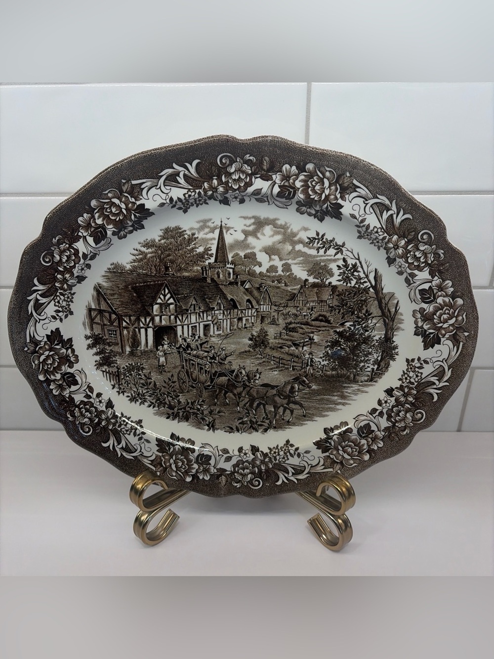 Vintage Brown Transferware Serving Platter - Classic Village Scene